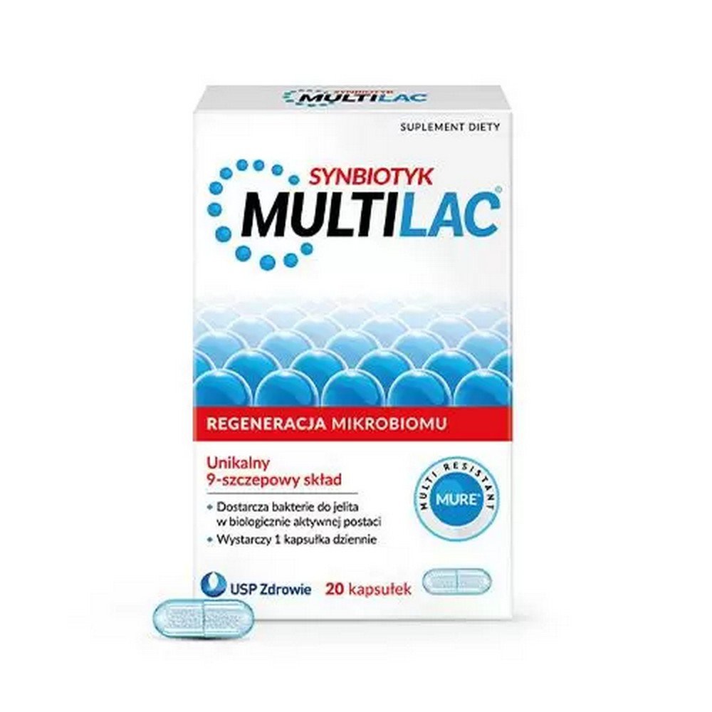 multilac synbiotic probiotic prebiotic 20 capsules Multilac est un symbiotique à la composition unique, contenant 9 souches de bactéries sélectionnées et un prébiotique.