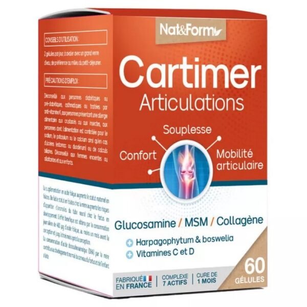 Nat&Form Cartimer Joints 60 Vegetable Capsules in our organic pharmacy, is a French food supplement that supports joint well-being, thus it reduces pain and allows you to regain the natural flexibility of your joints.