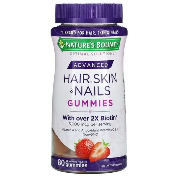 Nature's Bounty, Advanced Hair, Skin & Nails gummies  supports beautiful hair, glowing skin, and healthy nails.