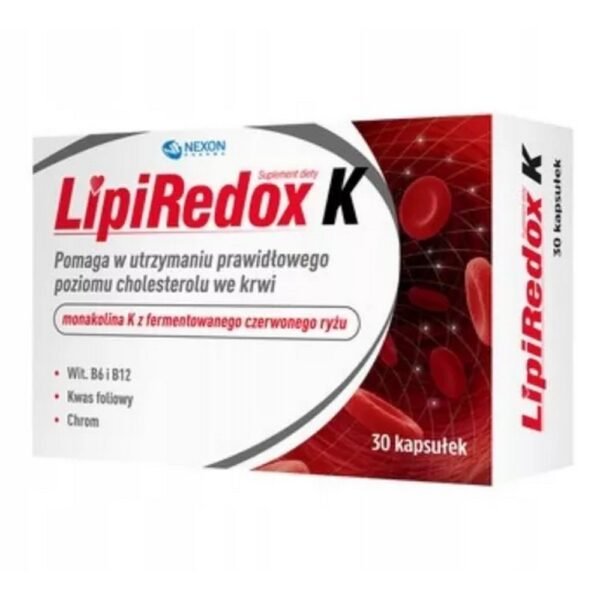 The LipiRedox K dietary supplement contains monacolin K from fermented red rice, which helps maintain normal blood cholesterol levels.