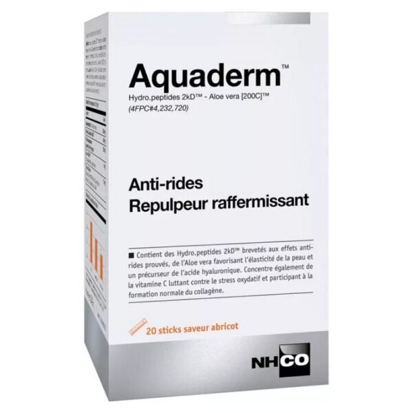 NHCO Aquaderm 20 Sticks on sale in your bio pharmacy online. Moisturizing formula and anti-wrinkle from the inside, in the heart of the dermis for a smoothing and plumping.