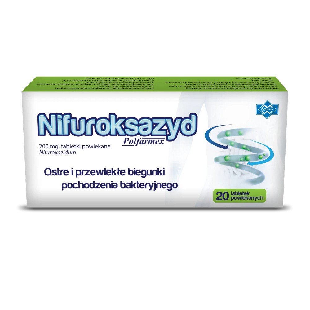 nifuroksazyd polfarmex 200 mg coated tablets 20 pieces Nifuroxazide is an antibacterial drug,it has local activity in the intestinal lumen against certain species of bacteria.