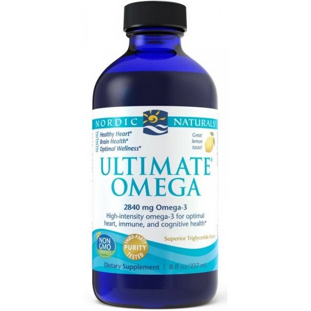 nordic naturals omega acids 2840mg lemon flavor ultimate omega 237ml Nordic Naturals Ultimate Omega 3 is a dietary supplement containing a perfectly balanced amount of Omega 3, including DHA and EPA acids, which are the building blocks of the brain, the entire nervous system and the retina. This is one of the highest portions of this acid on the market, as much as 2840 mg. Its deficiencies may lead to, among others: to disorders of the brain and the functioning of the nervous system.