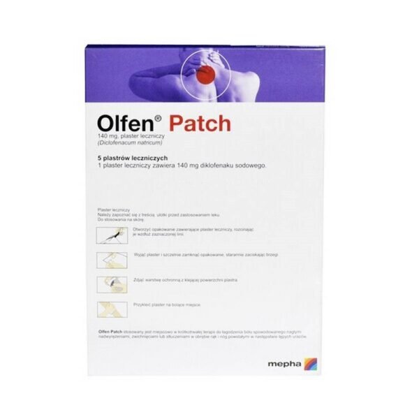 Olfen Patch is used topically to relieve pain caused by sudden strain, sprain or bruising of the arms and legs due to injury, such as injury during sports.