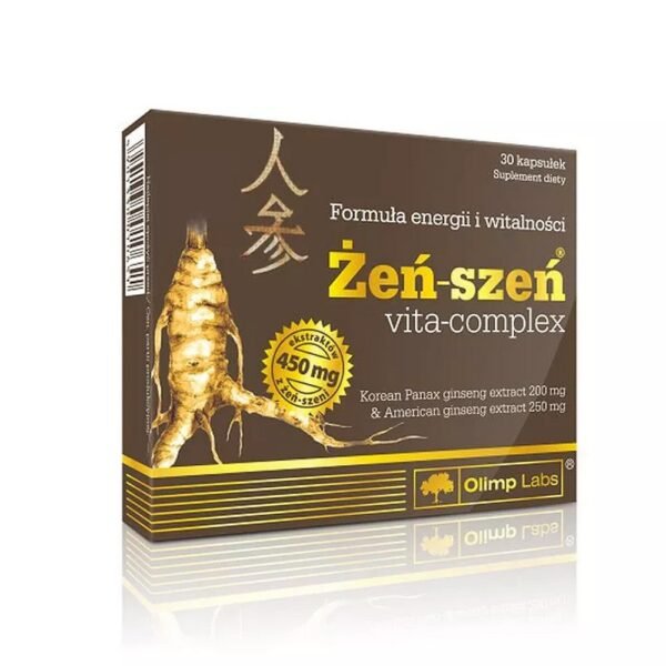 GINSENG VITA-COMPLEX® Dietary supplement in capsules, a composition of the highest quality standardized extracts from two species of ginseng, additionally enriched with black pepper extract and a complex of 12 vitamins.
