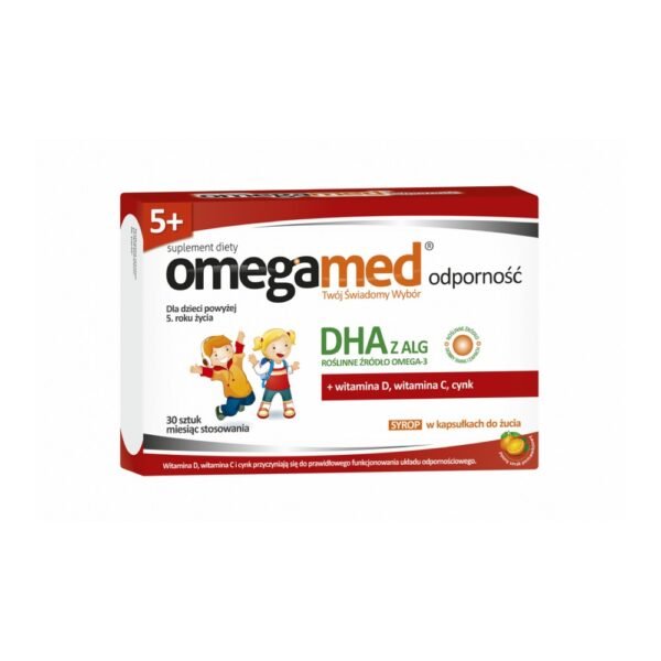 Omegamed Resistance - dietary supplement in the form of chewable capsules with orange flavor, containing vitamins D and C, zinc and DHA acids.