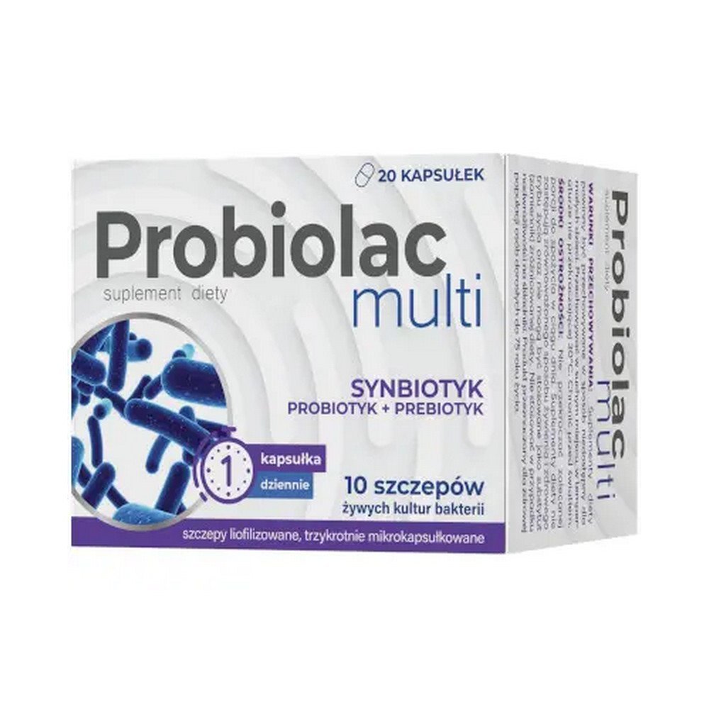 probiolac multi 20 capsules Probiolac multi est un complément alimentaire sous forme de gélules, qui contient : des fructoligosaccharides et 10 souches de cultures bactériennes vivantes.