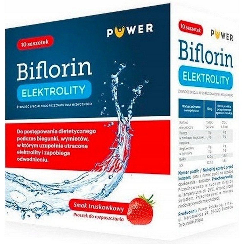 puwer biflorin electrolytes strawberry flavor 10 sachets Aliment destiné à des fins médicales spéciales contenant une composition d'électrolytes et de glucose, avec une osmolarité réduite de 245 mOsm/l.