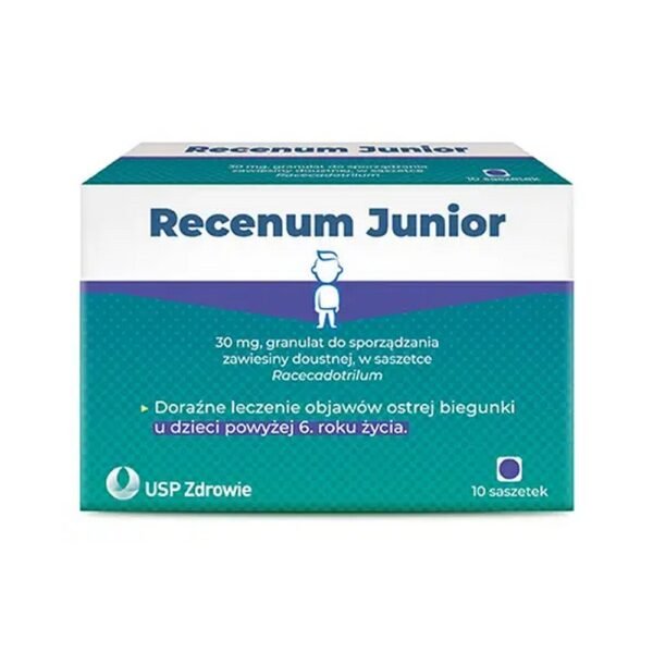 Recenum Junior 30 mg is a medicinal product used for the emergency treatment of symptoms of acute diarrhea in children over 6 years of age.