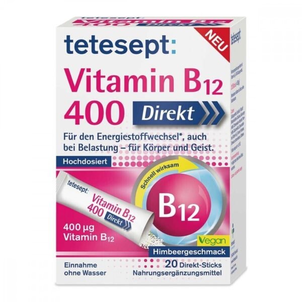 High dose vitamin B12 direct sticks for body and mind: In case of excessive physical and mental stress in work and everyday life, an increased nutrient supply is often needed.