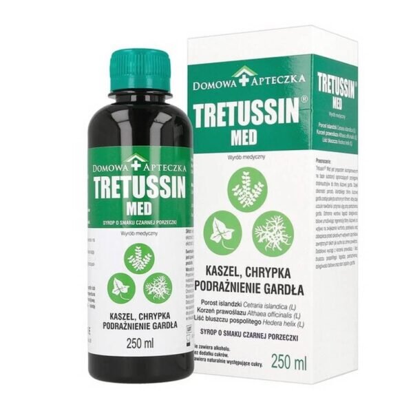 Medical kit Tretussin Honey is a blackcurrant syrup that soothes irritation of the mucous membrane of the throat and reduces the adhesion of microorganisms to it.