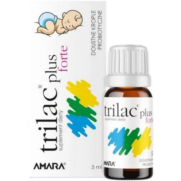 Trilac Plus Forte - a dietary supplement in the form of drops containing as many as 5 billion bacteria, including four strains of lactic acid bacteria: Lacticaseibacillus rhamnosus GG ATCC 53103, Bifidobacterium animalis ssp. lactis BLC1, Lactobacillus acidophilus LA3, Lactobacillus delbrueckii ssp. bulgaricus SP96.