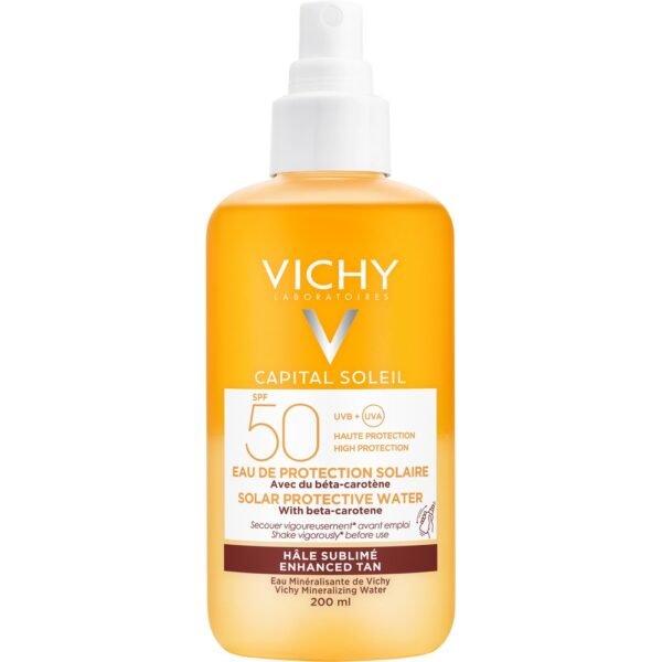 Vichy Capital Soleil SPF 50 waterproof protective spray provides the skin with a broad spectrum of protection against UV radiation.