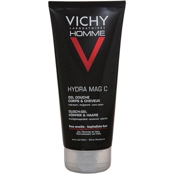 Vichy Homme Mag-C Shower gel contains magnesium and vitamin C as well as moisturizing ingredients that prevent skin drying.