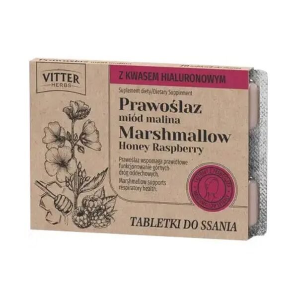 Vitter Herbs marshmallow honey raspberry is a dietary supplement in the form of lozenges, the ingredients of which support the proper functioning of the upper respiratory tract, mucous membranes and the immune system.