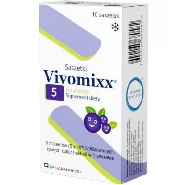 Vivomixx - powdered dietary supplement for preparation of a blueberry-flavored suspension containing 5 billion freeze-dried live bacterial cultures.