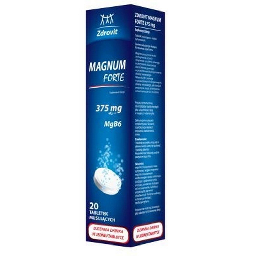 zdrovit magnum forte 375mg 20 effervescent tablets Le magnésium contribue à réduire la sensation de faiblesse et de fatigue, aide à maintenir l’équilibre électrolytique, le bon fonctionnement des muscles, du système nerveux et le maintien de fonctions psychologiques appropriées. La vitamine B6 contribue au maintien du bon métabolisme de l’homocystéine, des protéines et du glycogène et au maintien de fonctions psychologiques appropriées, soutient le bon fonctionnement du système nerveux et aide à réduire la sensation de fatigue et de lassitude.