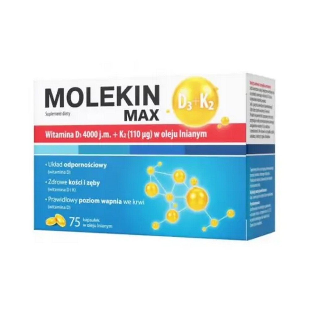 zdrovit molekin max vitamin d3 k2 in linseed oil 75 caps Molekin D3 + K2 Max en cápsulas de aceite de linaza (Paquete: 75) es un suplemento dietético con ingredientes que apoyan el mantenimiento de huesos fuertes y densos. Reducen el riesgo de osteoporosis. La preparación está destinada a personas mayores de 75 años para reducir el riesgo de fracturas.
