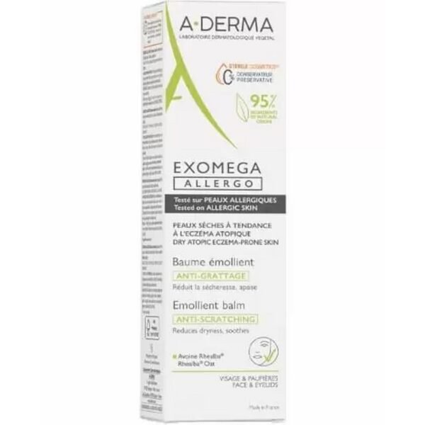A-Derma Exomega Allergo anti-scratch emollient balm is a cosmetic product with a rich consistency that immediately and long-lastingly soothes irritation and redness, nourishes and strengthens the skin barrier.