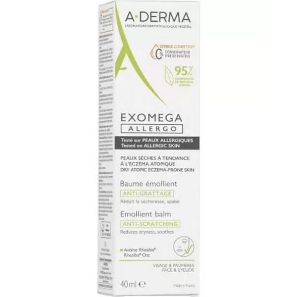 A-Derma Exomega Allergo anti-scratch emollient balm is a cosmetic product with a rich consistency that immediately and long-lastingly soothes irritation and redness, nourishes and strengthens the skin barrier.