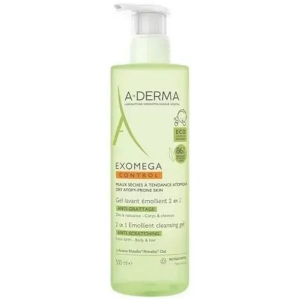Exomega Control emollient gel cleansing hair and body, soothes and protects against atopic dermatitis in infants and children.