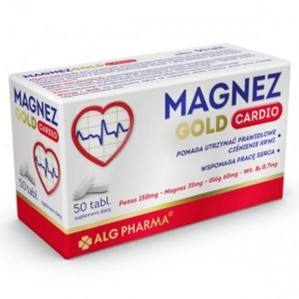 Magnez Gold Cardio – jest to suplement diety zawierający 150 mg potasu, 35 mg magnezu w postaci cytrynianu magnezu oraz 60 mg głogu w jednej tabletce.