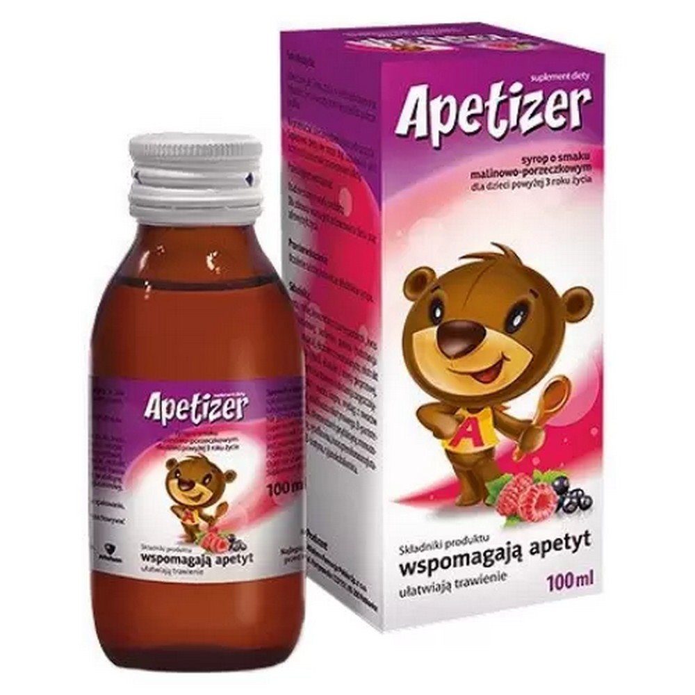 apetizer junior syrup with raspberry and currant flavor 100 ml Le sirop Apetizer au goût de framboise et de groseille est un complément alimentaire composé d'une composition spécialement sélectionnée d'herbes et de vitamines.
