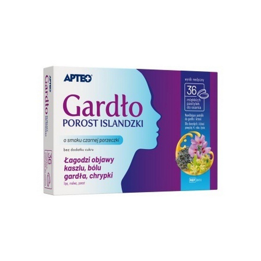 apteo icelandic lichen throat 36 lozenges Les pastilles soulagent les symptômes d'enrouement, réduisent les brûlures et les irritations de la gorge, hydratent et protègent la membrane muqueuse de la bouche et de la gorge, aident pendant les périodes de tension excessive sur les cordes vocales et soulagent les symptômes d'irritation de la gorge. muqueuse de la bouche et de la gorge en raison de la congestion nasale due aux infections et aux allergies.