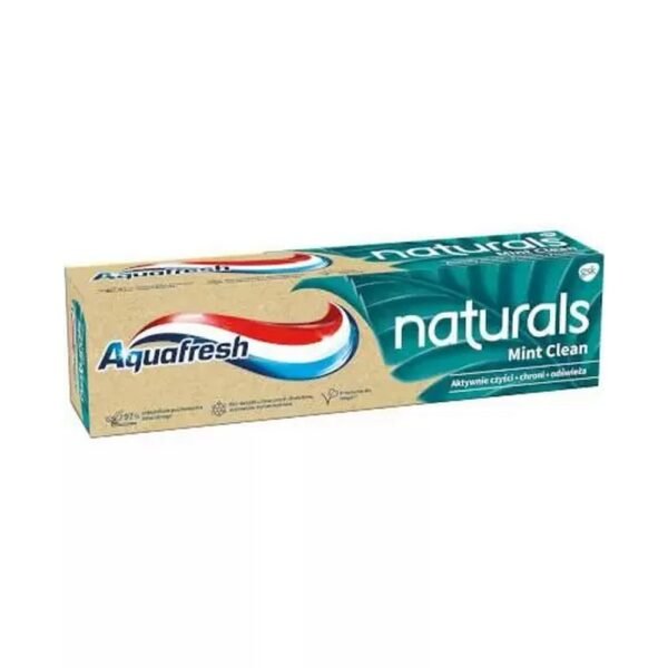 Aquafresh Naturals Mint Clean triple-action toothpaste ensures clean teeth, healthy gums and fresh breath. The paste contains sodium fluoride.