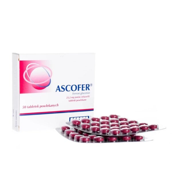 Ascofer in the form of film-coated tablets contains 200 mg of iron(II) gluconate, which corresponds to 23.2 mg of iron(II) ions, and is used to replenish iron deficiency in the body.