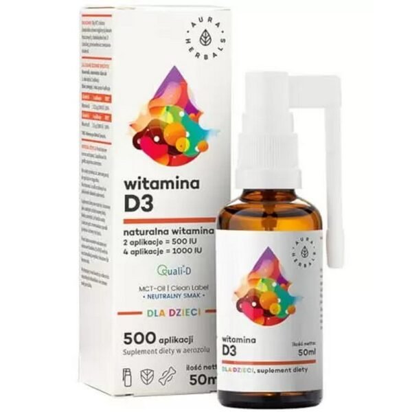 Aura Herbals Vitamin D3 for children - dietary supplement containing vitamin D in the form of an aerosol based on MCT coconut oil.