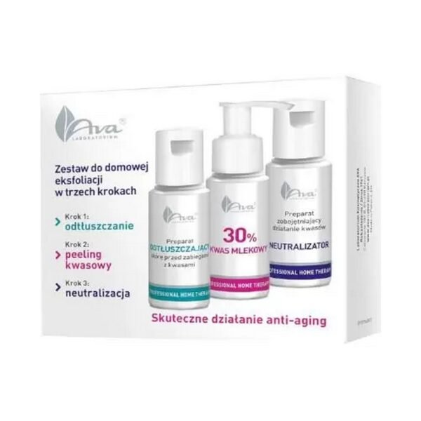 Ava Professional Home Therapy a set of cosmetics for home exfoliation consisting of a degreaser, peeling with 30% lactic acid and a neutralizer.