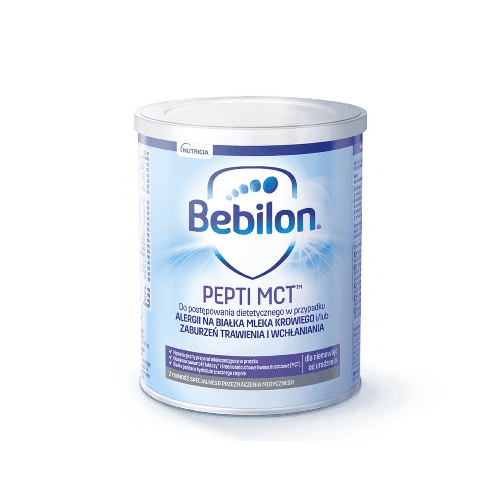 bebilon pepti mct 450 g Bebilon Pepti MCT is intended for children from birth, contains whey proteins subjected to significant hydrolysis and, among other things, nucleotides and DHA in an amount of 0.2% fatty acids.
