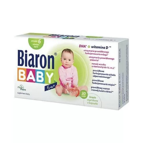 Biaron Baby 6M+ is a dietary supplement rich in ingredients responsible for proper vision and brain functioning, supports the development of vision in infants up to 12 months of age, but also supports the immune system, proper functioning of muscles, and stimulates the growth and development of the baby.