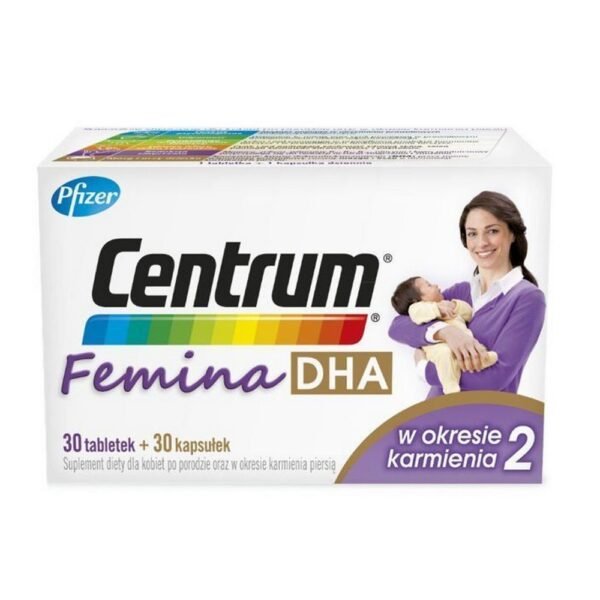Centrum Femina 2 DHA — это пищевая добавка, содержащая витамины, минералы и DHA, для женщин в послеродовом периоде.