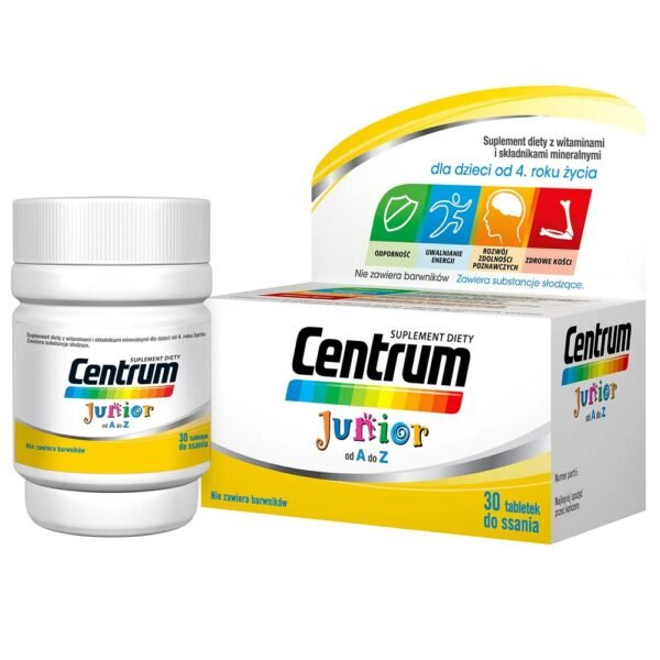 Centrum Junior is a balanced set of 16 vitamins and minerals in the form of lozenges, adapted to the needs of the developing body of children from 4 years old.