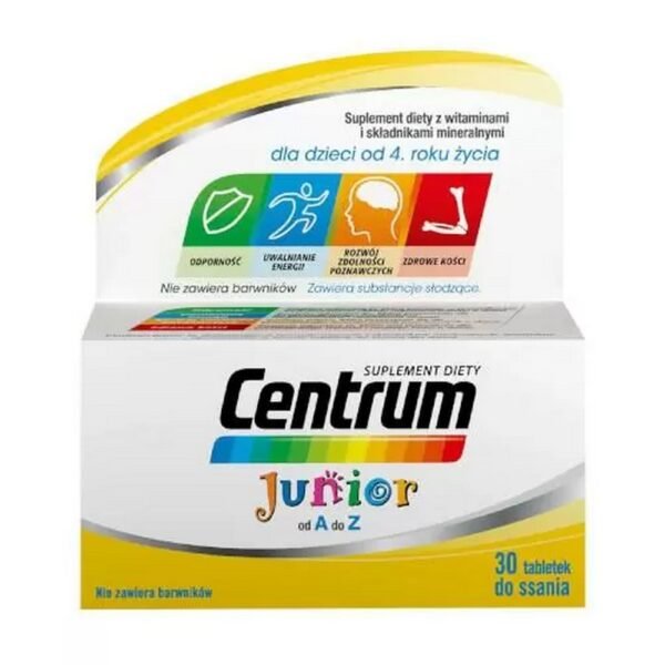 Centrum® Junior - a dietary supplement containing a balanced set of 16 vitamins and minerals in the form of lozenges with a delicious lemon-raspberry flavor.