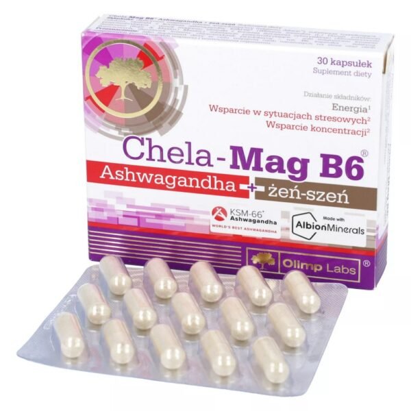 Chela-Mag B6 Ashwagandha + ginseng is a dietary supplement in capsules containing easily digestible chelated magnesium Albion, vitamin B6 and standardized extracts: ashwagandha and Siberian ginseng.