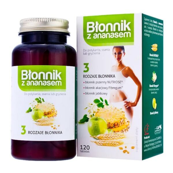 The dietary supplement FIBER WITH PINEAPPLE contains 3 types of fiber and dried pineapple juice.