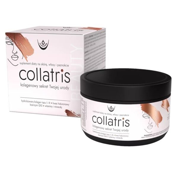 Dietary supplement Collatris Beauty is a composition of collagen peptides derived from collagen types I and III, as well as vitamins and minerals that improve the condition of skin, hair and nails.