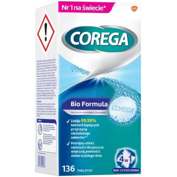Corega Tabs Bio Formula, denture cleaning tablets - a medical device intended for cleaning dentures without scratching them.