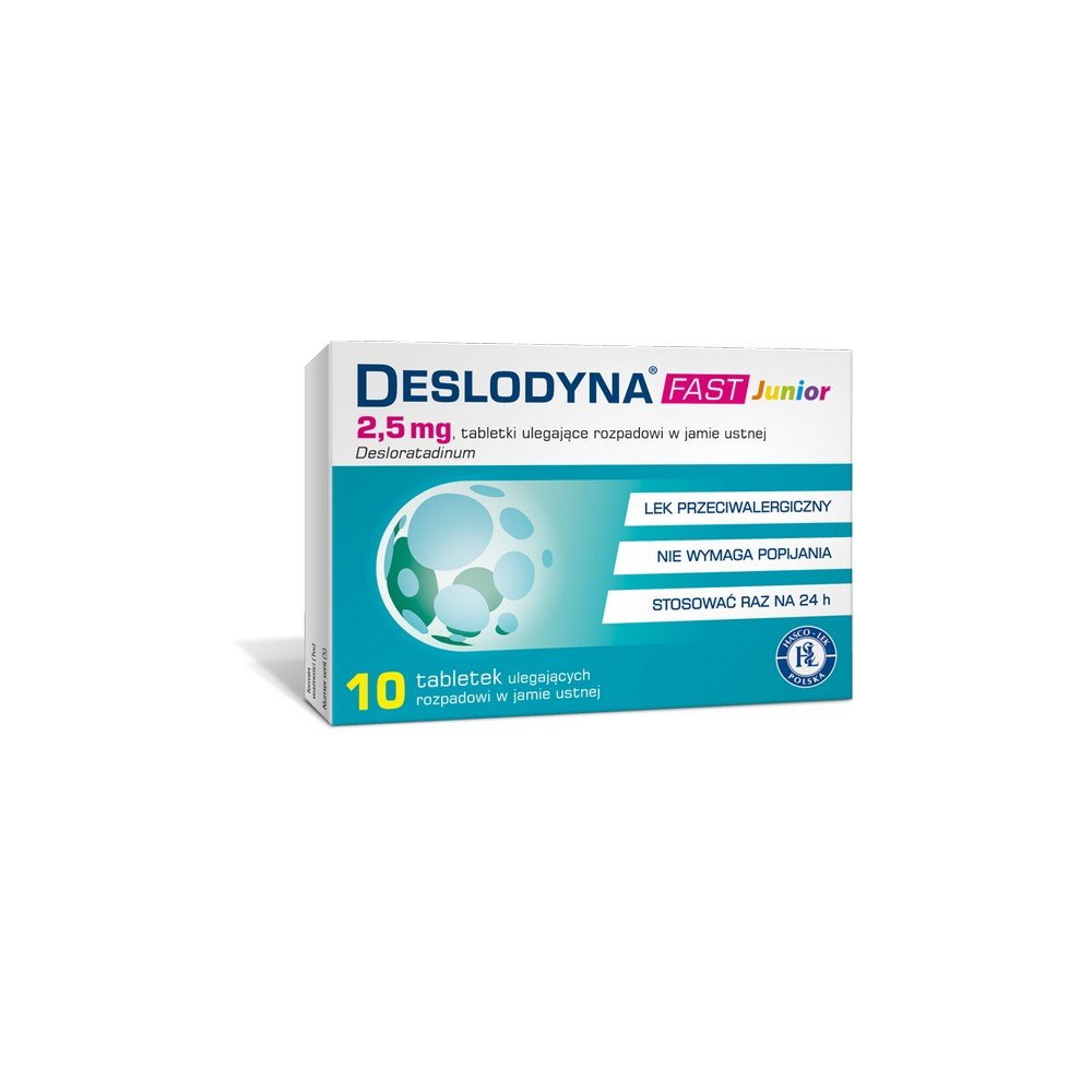 deslodyna fast junior 25 mg 10 orodispersible tablets Дезлодина Фаст Юниор в форме перорально диспергируемых таблеток содержит дезлоратадин, который является антигистаминным средством.