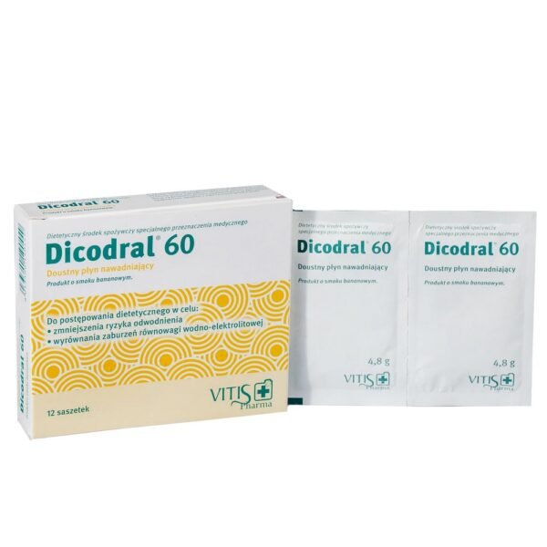 Dicodral 60 is a special medical product for oral rehydration based on mineral salts and glucose, intended for the dietary treatment of diarrhea in order to reduce the risk of dehydration and compensate for water-electrolyte imbalances.