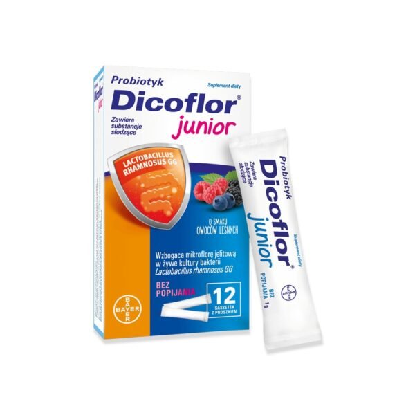 Probiotic Dicoflor Junior with forest fruit flavor contains live cultures of bacteria Lactobacillus rhamnosus GG to complement the bacterial microflora of the digestive system.