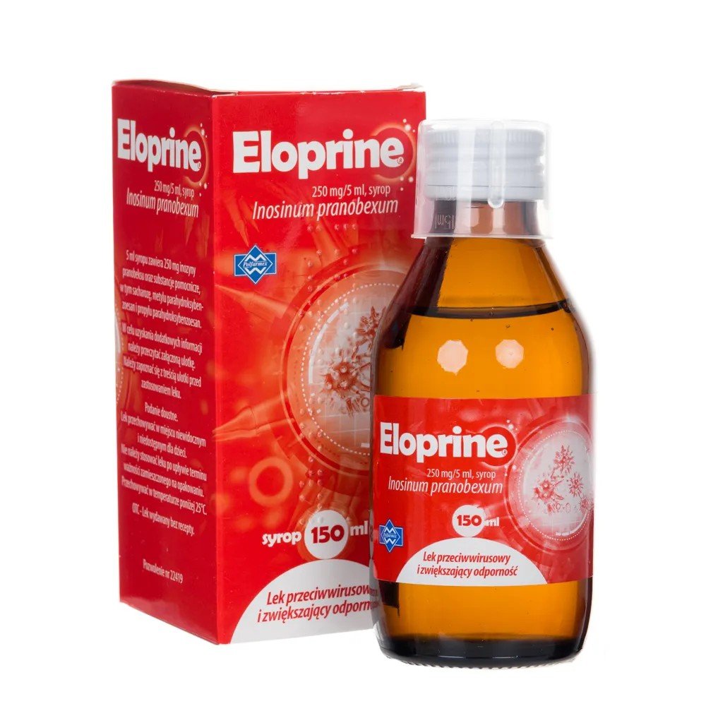 eloprine 250 mg5 ml 150 ml Eloprin contains the active substance inosine pranobex, which has an antiviral effect and stimulates the immune system.
