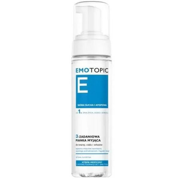 Emotopic 3-purpose cleansing foam for face, body and hair - a medical device containing ingredients that prevent the symptoms of atopic dermatitis (AD) such as dry skin, irritation, redness and symptoms accompanying allergic reactions.