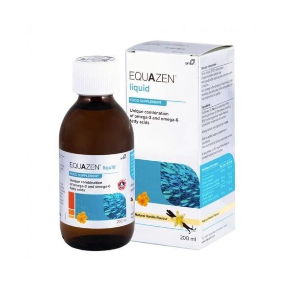 Equazen liquid with vanilla flavor is a dietary supplement containing polyunsaturated fatty acids omega-3 and omega-6.
