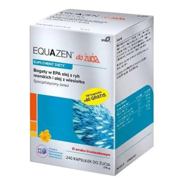 Equazen is a strawberry-flavored chewable dietary supplement containing omega-3 and omega-6 polyunsaturated fatty acids in balanced servings.