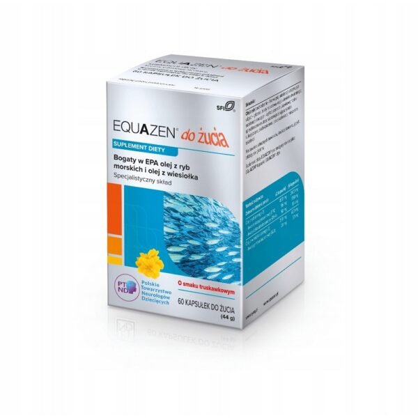 Equazen is a strawberry-flavored chewable dietary supplement containing omega-3 and omega-6 polyunsaturated fatty acids in balanced servings.