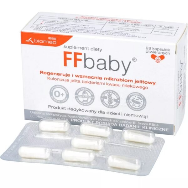 FFbaby is a dietary supplement containing a unique composition of two patented bacterial strains:Bifidobacterium breve PB04 and Lactobacillus rhamnosus KL53A, with clinically proven gut colonizing ability, as well as vitamin C.